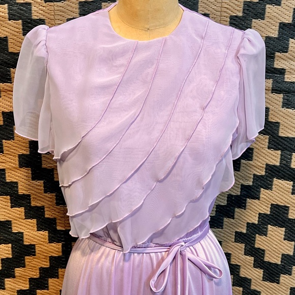 VINTAGE waterfall ruffle dress formal gown chiffon lavender 60s 70s mid century - Picture 3 of 15